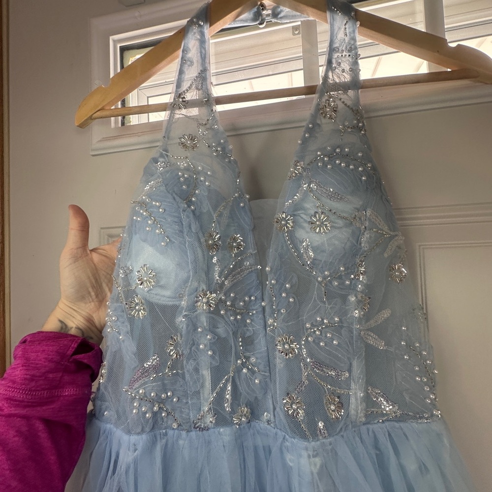 Elegant Baby Blue Fairytale Beaded Halter Prom Dress - Picture 8 of 15